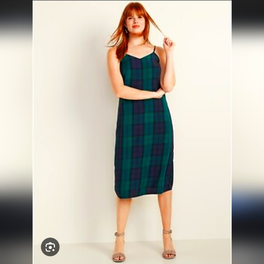 Old Navy Green and Blue Plaid Midi Strap Dress